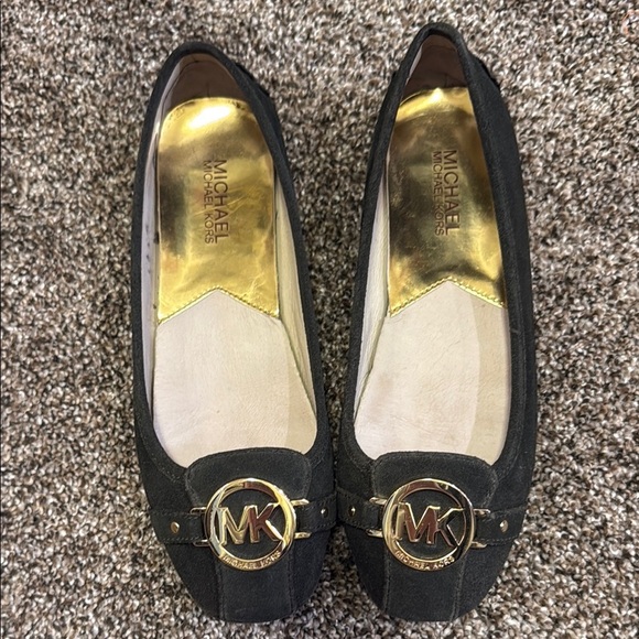 Michael Kors Suede Olive and Gold Flats with MK Medallion - Picture 1 of 3